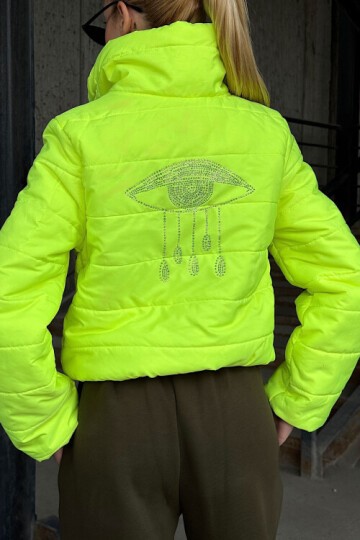 Sırtı Taş İşlemeli Crop Şişme Mont