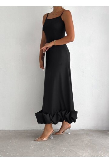 Siyah İthal Dabıl Kumaş Eteği Fırfırlı Elbise