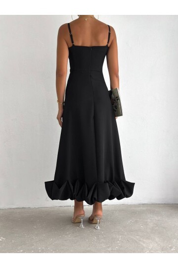 Siyah İthal Dabıl Kumaş Eteği Fırfırlı Elbise