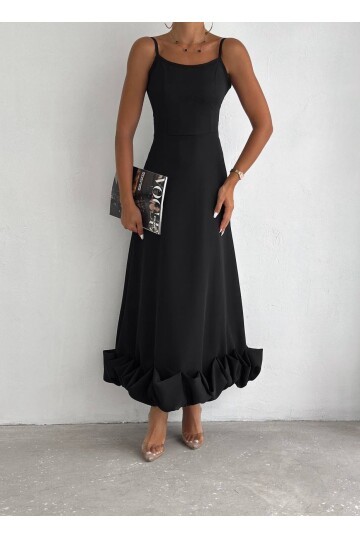 Siyah İthal Dabıl Kumaş Eteği Fırfırlı Elbise