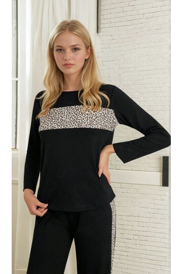 Siyah Leopar Detaylı Uzun Kollu Pijama Takım