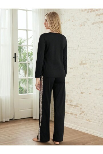 Siyah Leopar Detaylı Uzun Kollu Pijama Takım