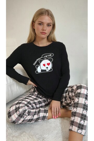 Siyah Panda Baskılı Uzun Kollu Pijama Takımı