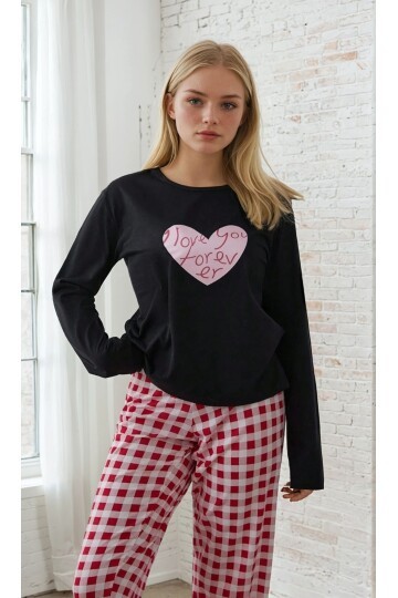 Siyah Üst Ekose Alt Kadın Uzun Kollu Pijama Takımı