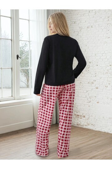 Siyah Üst Ekose Alt Kadın Uzun Kollu Pijama Takımı