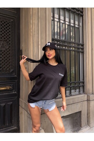 Sorry Baskılı Siyah Oversize T-Shirt