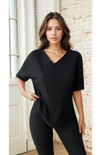 Raporlu Kumaş Kısa Kol Pijama Takım