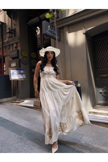 Süzene Detaylı Keten Elbise Bej