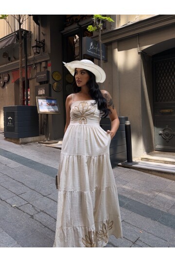 Süzene Detaylı Keten Elbise Bej