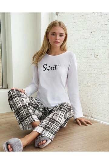 Sweet Baskılı Uzun Kollu Ekose Desen Pijama Takımı