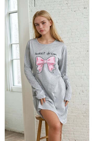 Sweet Dream Kurdele Desenli Gri Kadın Gecelik