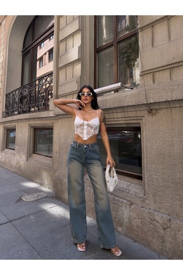 Yıkamalı Eskitme Denim Pantalon