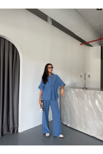 Tensel Kumaş Gömlek Pantalon Takım Mavi