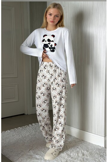Uzun Kollu Panda Baskılı Pijama Takım