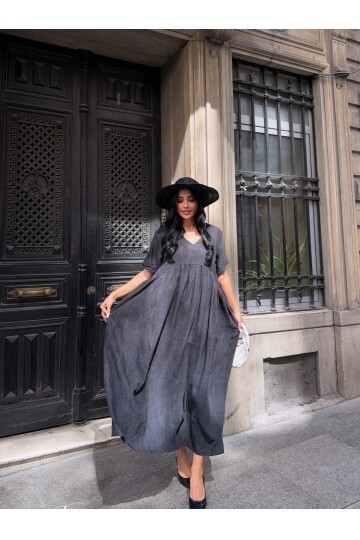 V Yaka Double Kol Siyah Salaş Elbise