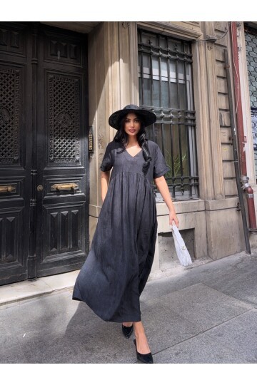 V Yaka Double Kol Siyah Salaş Elbise