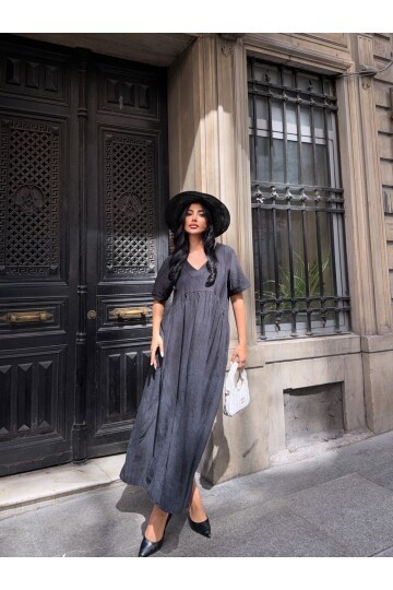 V Yaka Double Kol Siyah Salaş Elbise