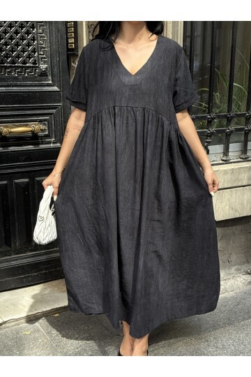 V Yaka Double Kol Siyah Salaş Elbise