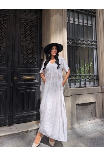 V Yaka Double Kol Siyah Salaş Elbise Ekru