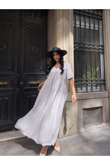 V Yaka Double Kol Siyah Salaş Elbise Ekru