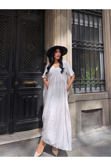 V Yaka Double Kol Siyah Salaş Elbise Ekru