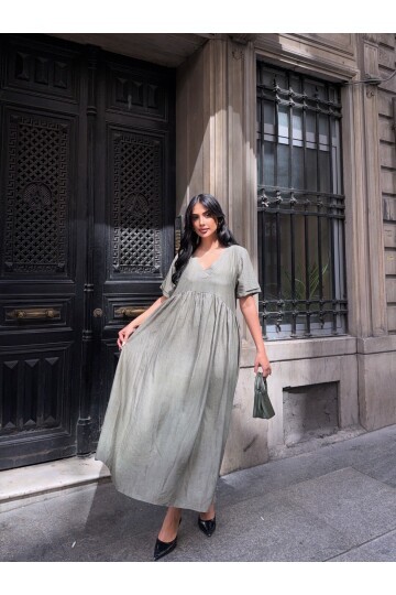 V Yaka Double Kol Siyah Salaş Elbise Haki