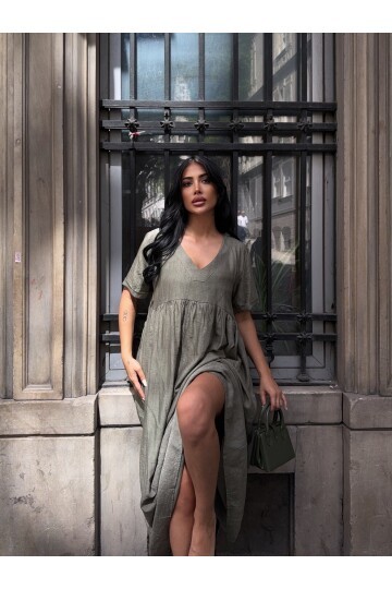 V Yaka Double Kol Siyah Salaş Elbise Haki