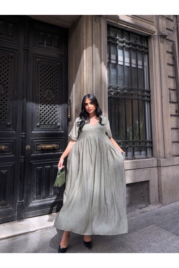 V Yaka Double Kol Siyah Salaş Elbise Haki