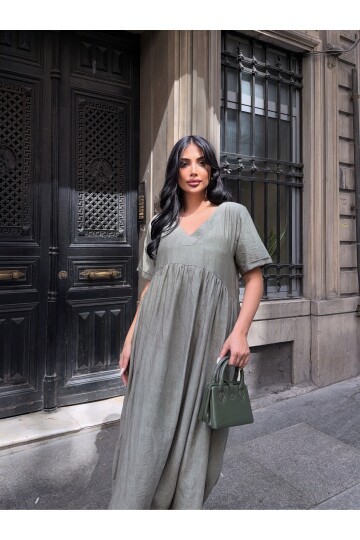 V Yaka Double Kol Siyah Salaş Elbise Haki