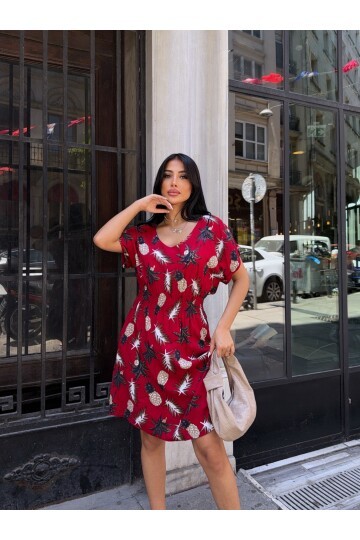 V Yaka Gipe Detaylı Desenli Bordo Viskon Elbise