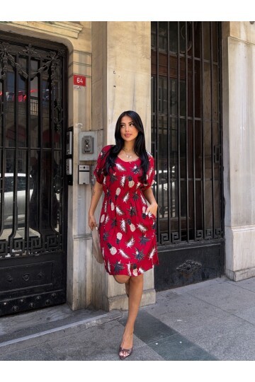 V Yaka Gipe Detaylı Desenli Bordo Viskon Elbise