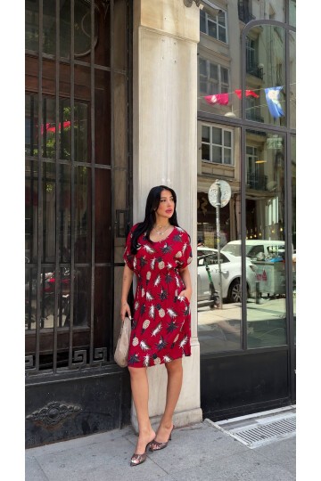 V Yaka Gipe Detaylı Desenli Bordo Viskon Elbise