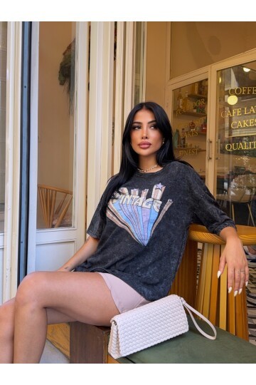 Vintage Baskılı Yıkamalı Oversize T-Shirt