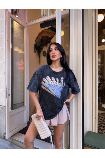 Vintage Baskılı Yıkamalı Oversize T-Shirt