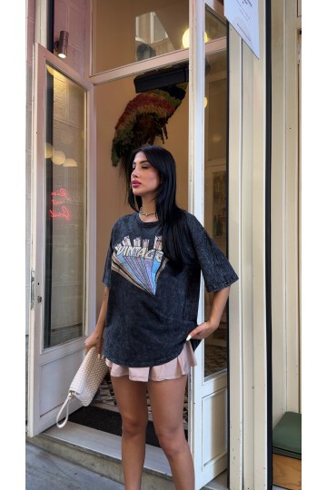 Vintage Baskılı Yıkamalı Oversize T-Shirt