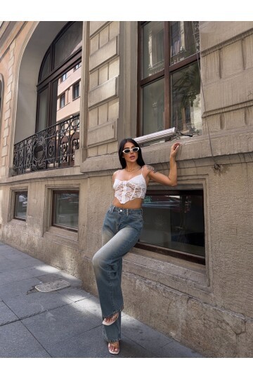 Vintage Yıkamalı Wide Leg Jean Pantolon