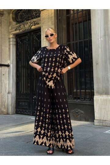 Viskon Kumaş Desenli Bol Paça Alt Üst Takım