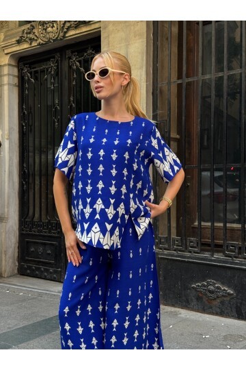 Viskon Kumaş Desenli Bol Paça Alt Üst Takım