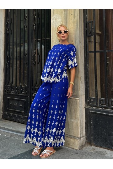 Viskon Kumaş Desenli Bol Paça Alt Üst Takım