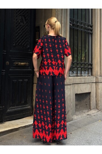 Viskon Kumaş Desenli Bol Paça Alt Üst Takım