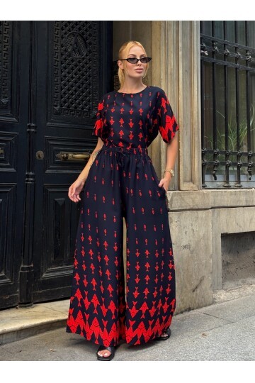 Viskon Kumaş Desenli Bol Paça Alt Üst Takım