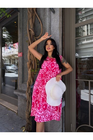 Yaka Bağcık Detay Desenli Viskon Elbise