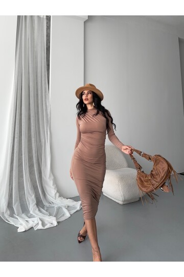 Yaka Detay Sandy Kumaş Elbise