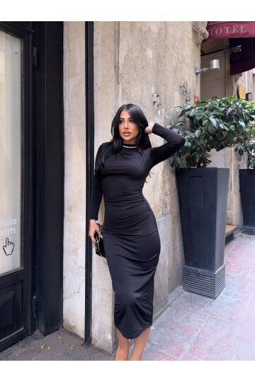 Yaka Detay Sandy Kumaş Elbise