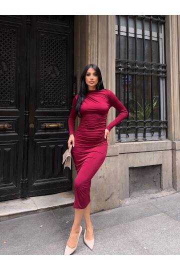 Yaka Detay Sandy Kumaş Elbise