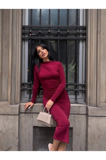 Yaka Detay Sandy Kumaş Elbise