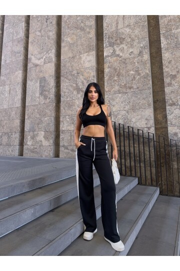 Yanları Taşlı Şerit Detay Modal Kumaş Siyah Eşofman Altı