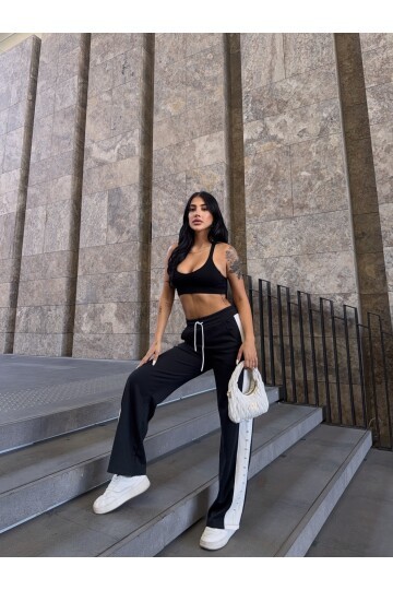 Yanları Taşlı Şerit Detay Modal Kumaş Siyah Eşofman Altı