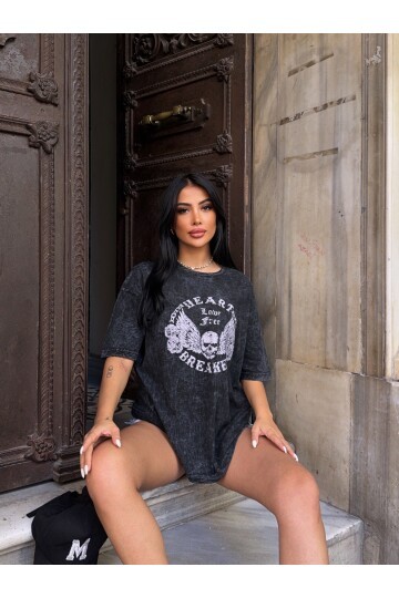 Yıkamalı Heart Baskılı T-Shirt