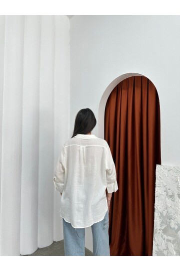 Yıkamalı Pamuk Keten Gömlek Beyaz